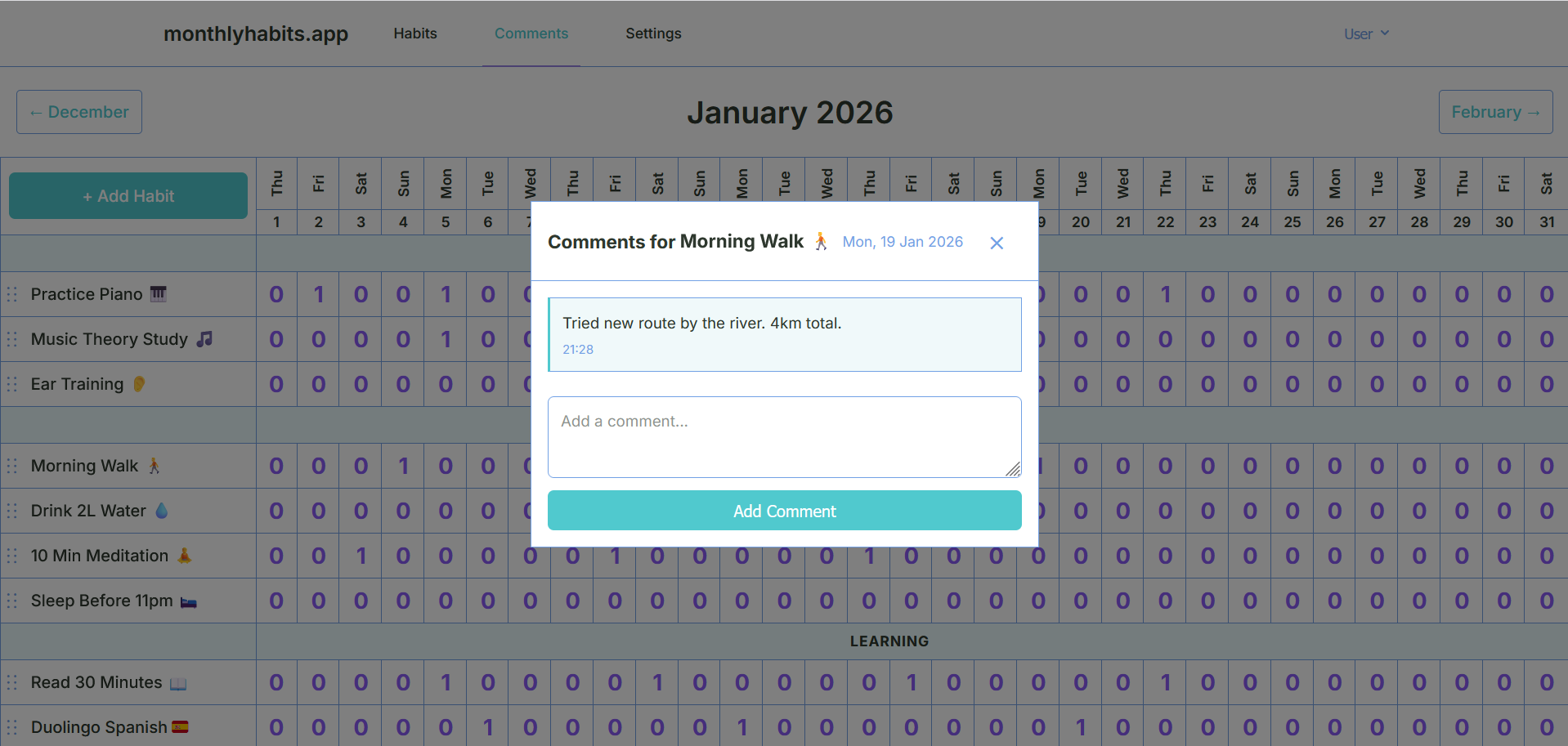 Comment modal showing detailed notes